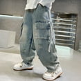 thumbnail image 2 of KAUOD Boys Ripped Cargo Jeans Loose High Waist Straight Wide Leg Hip Hop Denim Pants Retro Multi Pocket Stretchy Trousers, 2 of 9