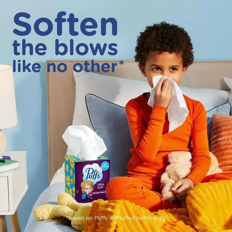 Puffs Ultra Soft Non-Lotion Facial Tissues, 4 Mega Cube Boxes, Purple, 72 Tissues per Box
