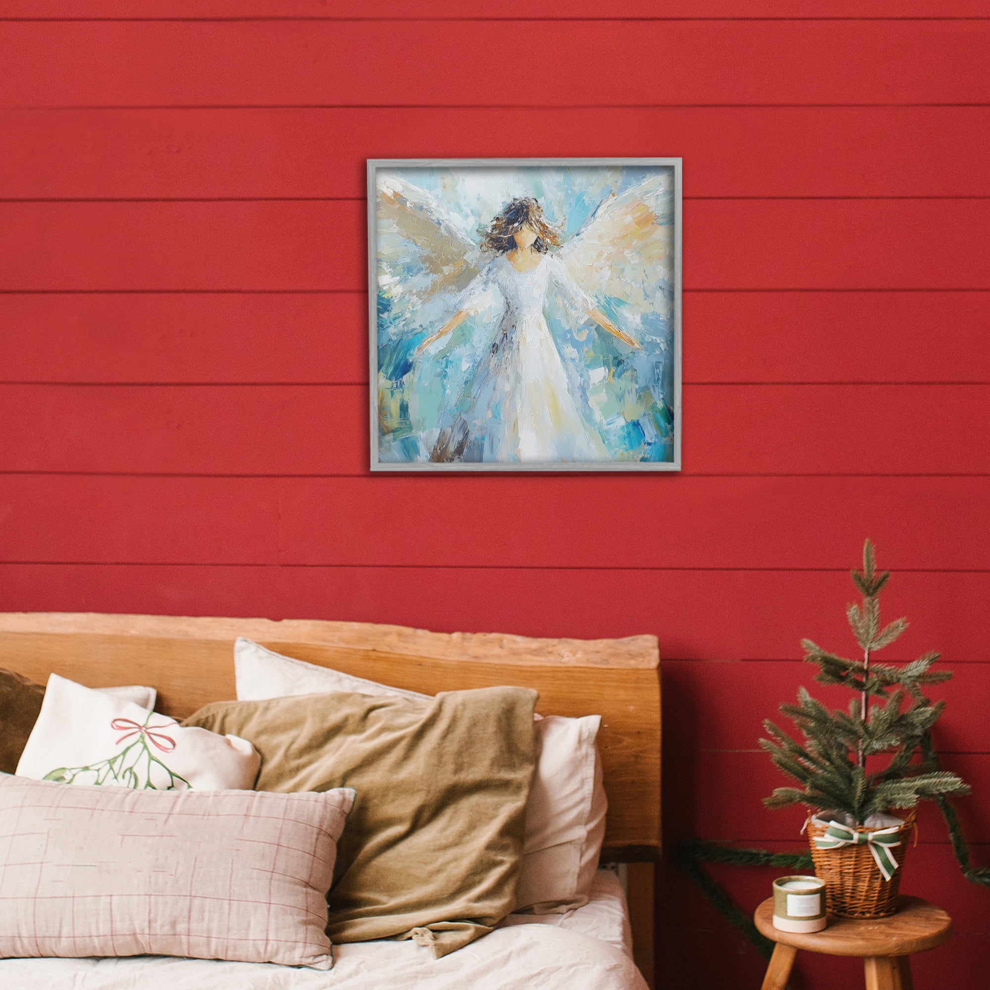Flying Glory Angel Gray Framed Giclee Art, design by Petal Prints Design