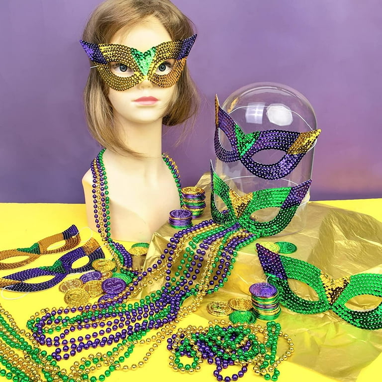 Mardi Gras Beads Necklaces Mask Coins Party Favors Set, 124pcs