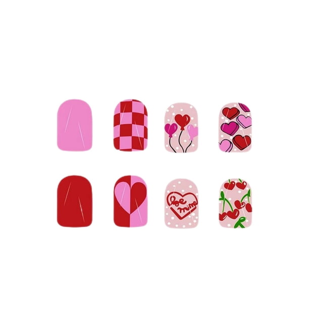 Uñas postizas cuadradas cortas y brillantes, diseño de corazones, 24 piezas, arte de uñas