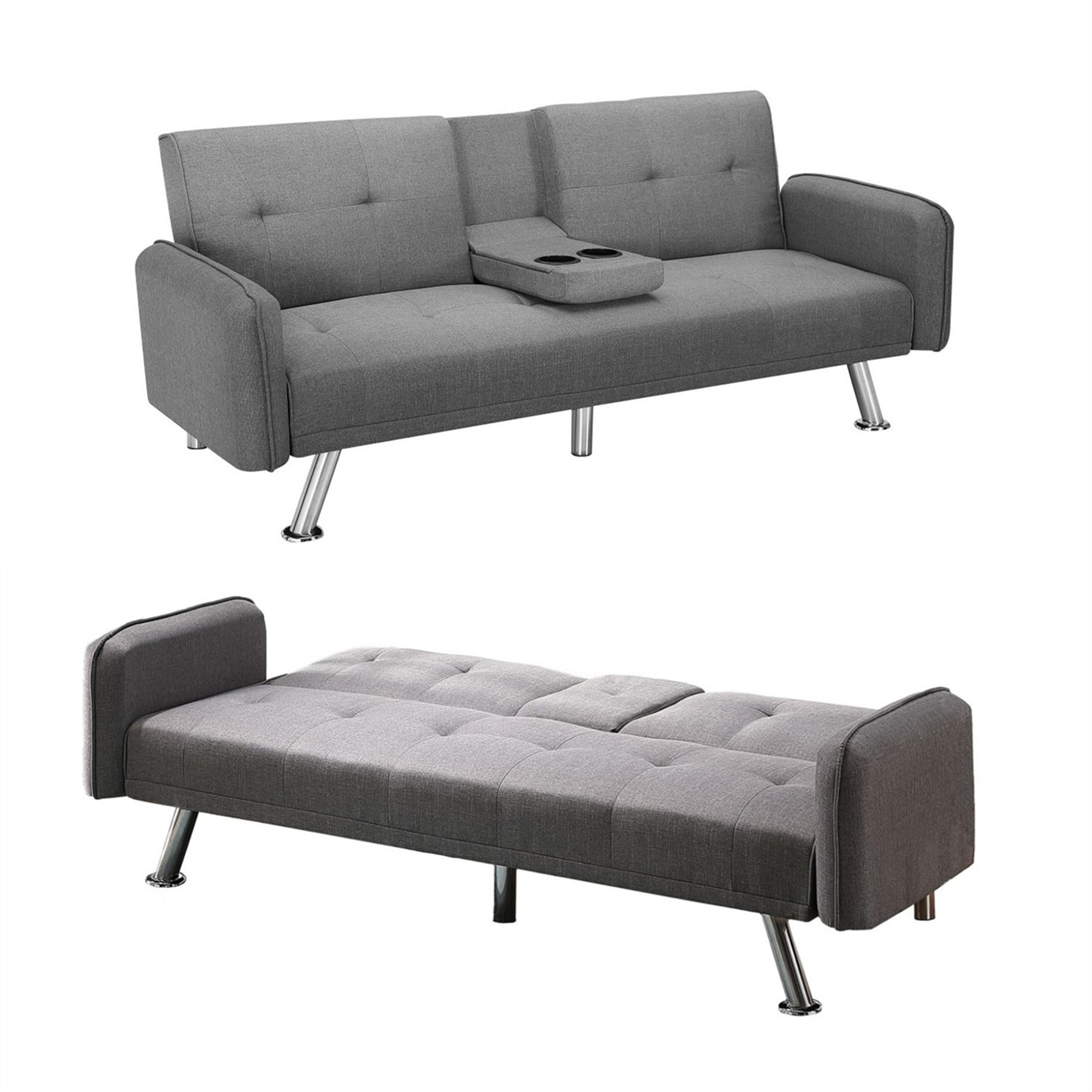 Aukfa 75" Square Arm Futon Convertible Sofa Bed for Home Office, 2 Cup Holders, Linen, Gray