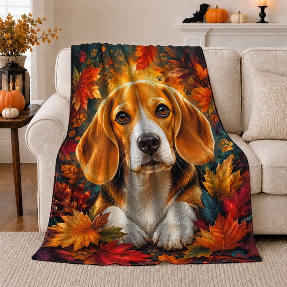 Autumn Maple Leaves Beagle Dog Portrait, Festive Pet Portrait Pattern, Warm Flannel Blanket for Living Room and Bedroom, Dog Lovers Thanksgiving Gift, Pet Lover Home Decor