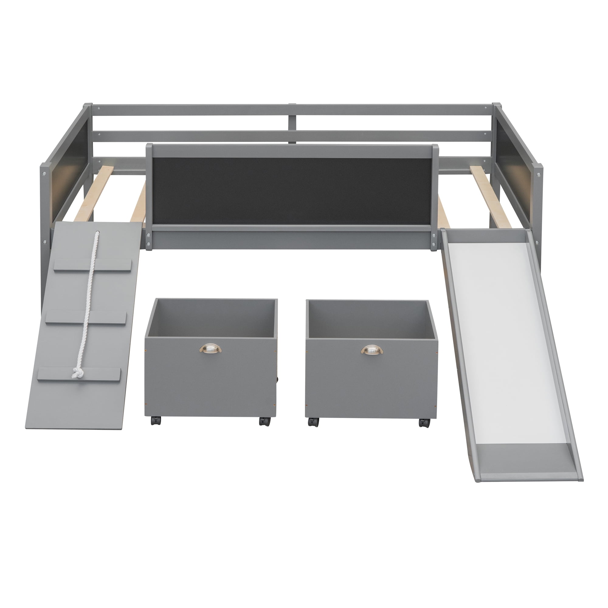 Gewnee Twin Size Wood Loft Bed with Slide,Climbing Frame,Two Movable Drawers and Chalkboard for Kids,Gray