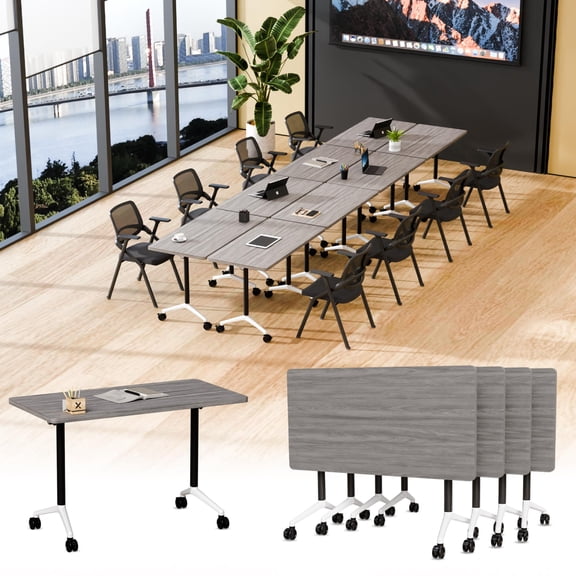 47.2" Conference Table, 4 Pack Foldable Flip Top Modular Table with Silent Lockable Wheels, Space-Saving Mobile Training Desk for Office, Classroom & Meeting Spaces, Gray