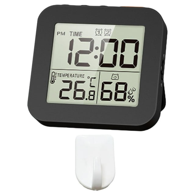 Reloj despertador digital portátil para baño, termómetro e higrómetro. 1 gancho negro.