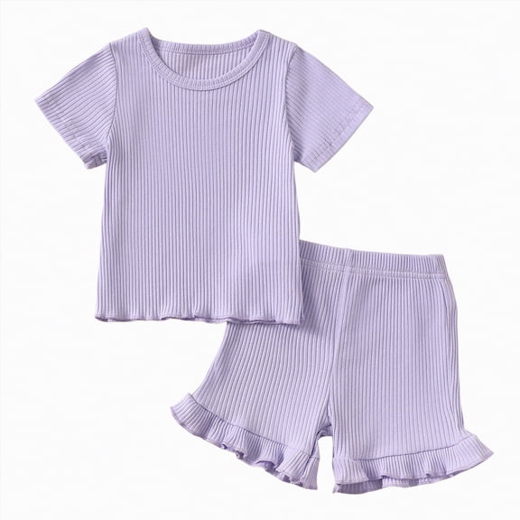 TOWED22 Girls Summer 2 Piece Outfits Kids Oversized T Shirts and Shorts Clothing Sets 5-14 Years Purple,12-18 M