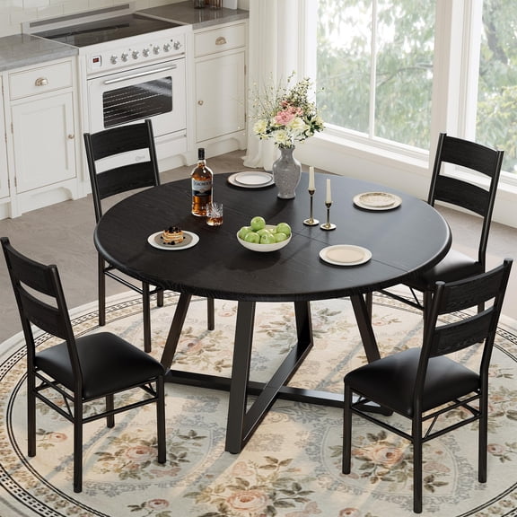 Mteryoing 5-Piece Round Dining Table Set — 43.3" Wooden Table with 4 Upholstered High-Back Chairs, Space-Saving Nesting Design, Metal Frame,Seats 4 for Small Apartments,Rustic Brown/Gray/Walnut/Black