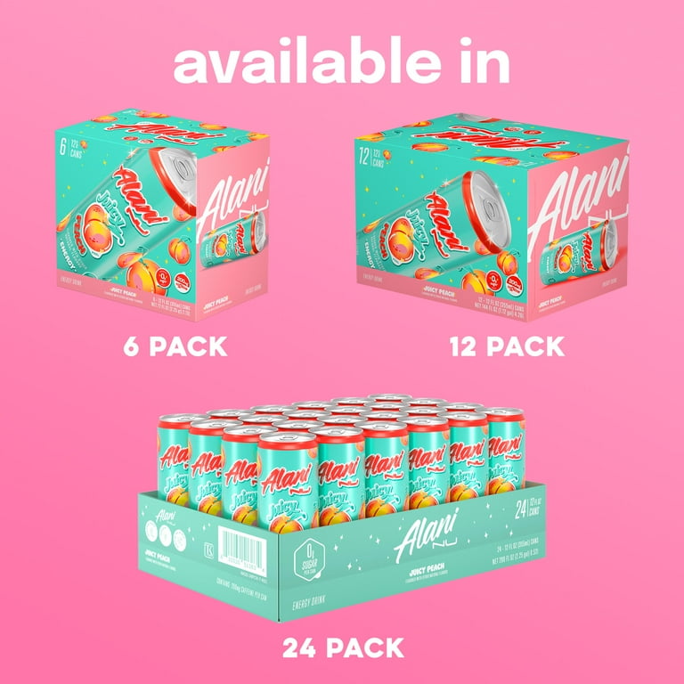 Alani Nu Energy Drink Juicy Peach 12 fl oz Can 6 Pack with 200mg