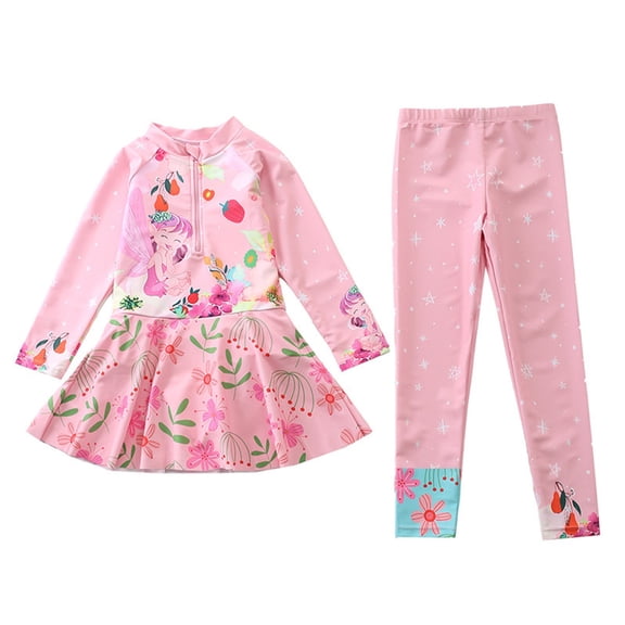 WAYUTE Girls Swimsuits Long Sleeve Cartoon Printed Rash Guard Swimwear Swim Dress with Pants for Kids Youth Pool Beach