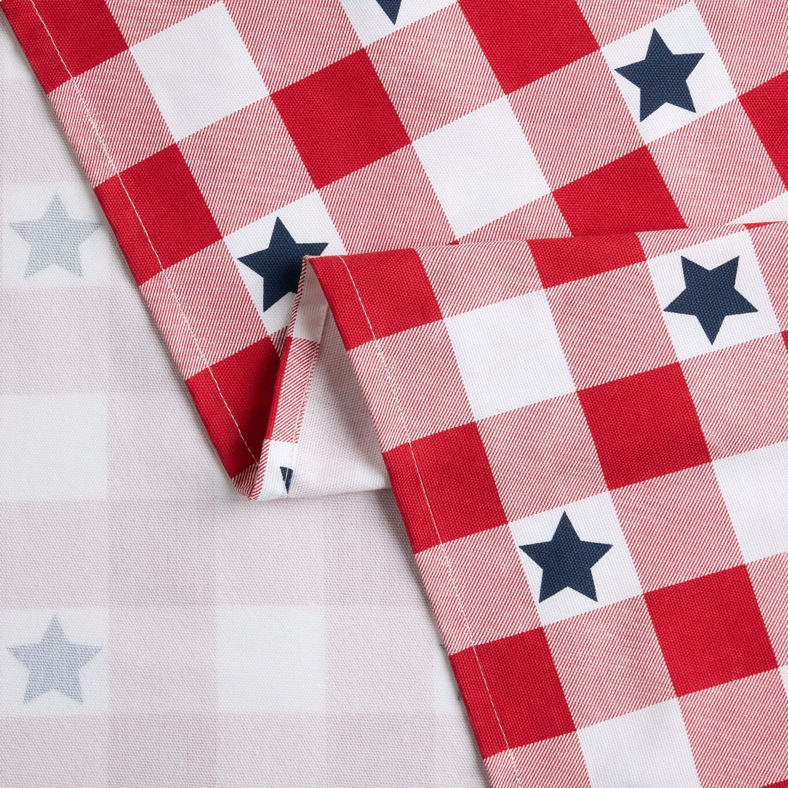 MARTHA STEWART Americana Star Gingham Plaid Indoor Tablecloth, Patriotic USA America Decor, Red/White/Blue, 60"x120"