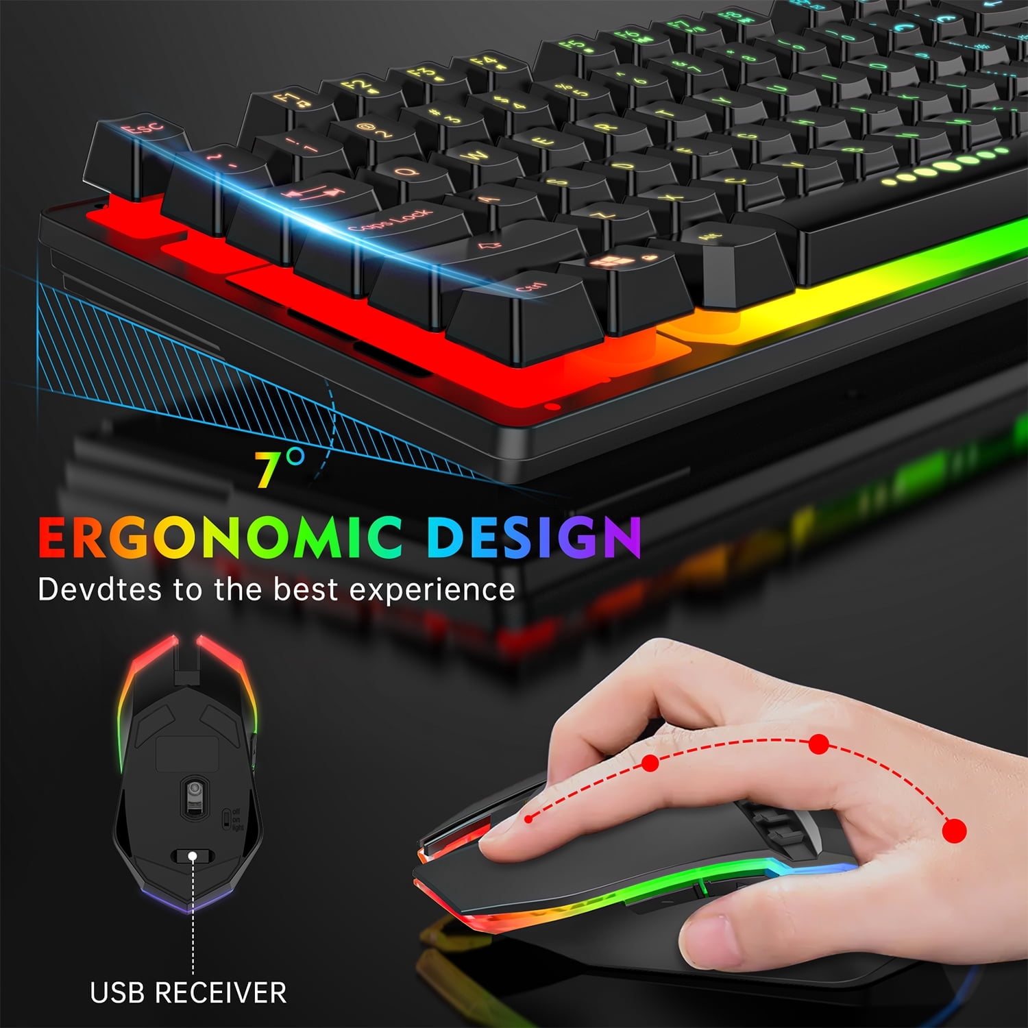 Wireless Keyboard and Mouse, 87 Keys Mechanical Feel Keyboard Mice Combo, Anti-Ghosting Ergonomic Rechargeable W/ 2.4G Wireless Receiver, RGB LED Backlight for Windows Computer PC Gamer