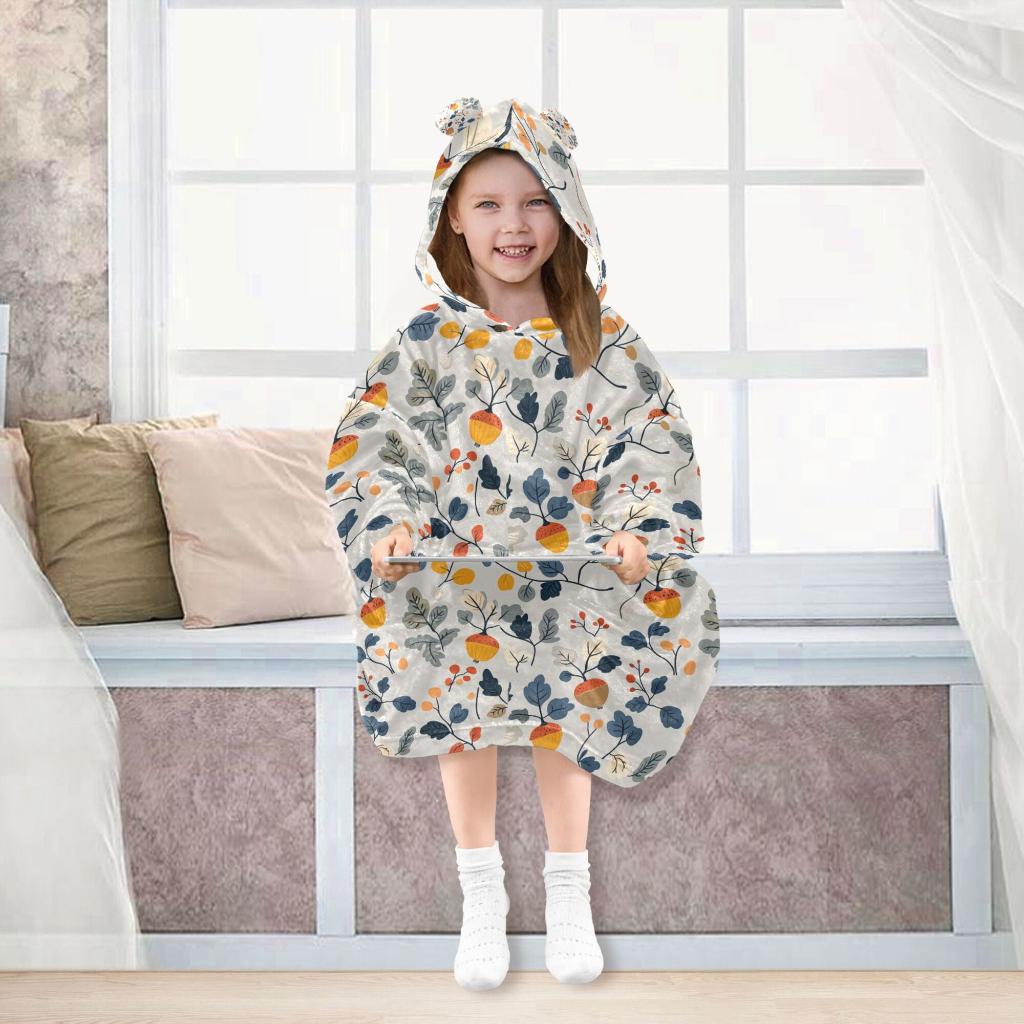 FORMRS Wearable Blanket Hoodie with Sleeves for Kids Cozy Flannel Sweatshirt, Acorn Leaves Pattern