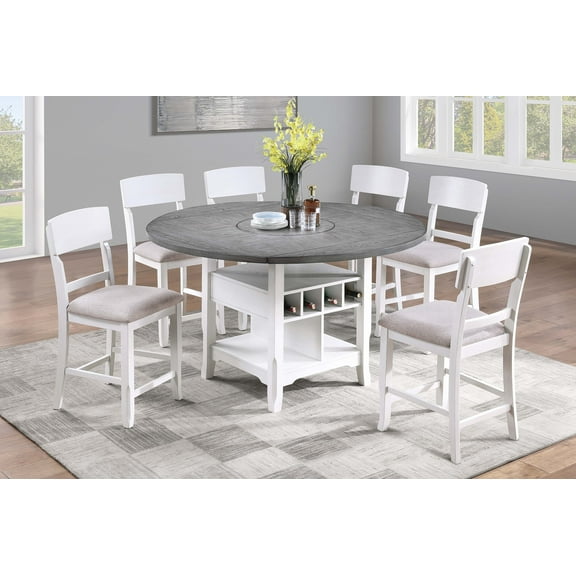 Antique White 7pc Counter Height Dining Set Table w Storage Shelf 6x High Chairs Cushion Seat Rubber wood Dining Room Furniture