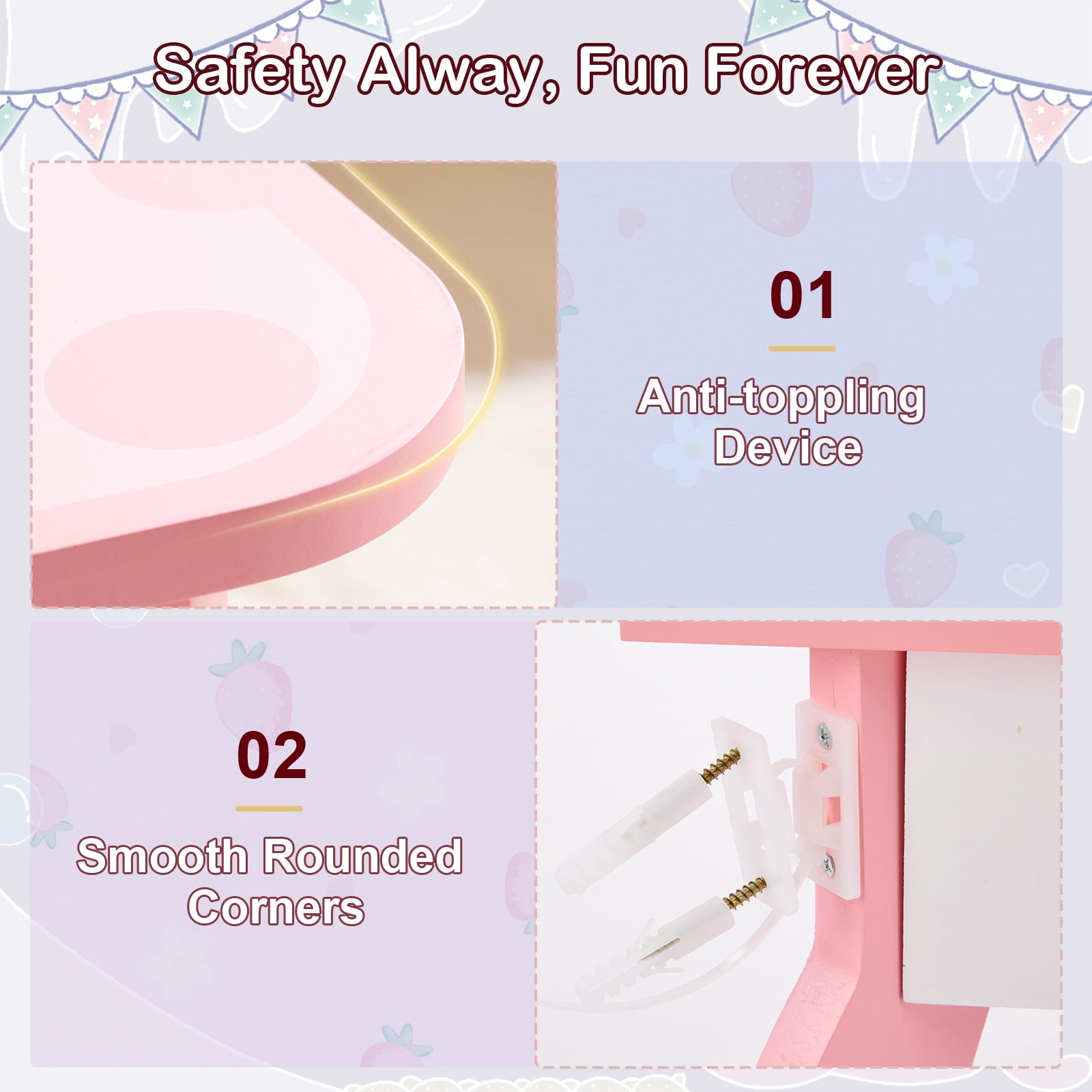 Paproos Kids Vanity Set with Mirror, Wood Pretend Play Princess Makeup Vanity Table and Chair with Drawer, Toddler Dressing Table with Apple Design, Cute Makeup Desk Set for Little Girls 3+, White