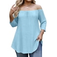 thumbnail image 3 of DDAPJ pyju Women's Off Shoulder 3/4 Sleeve Shirts Eyelet Casual Tunic Tops Plus Size Summer Blouses Light Blue XXXXXL, 3 of 7