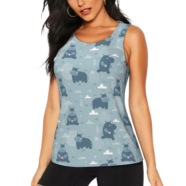 Fotbe Cute Hippopotamus Blusas Sin Mangas para Mujer – Estilo Casual, Corte Suelto, Slim-Fit, Cuello Redondo Deportivo, Tops de Verano para Gimnasio y Yoga-Large