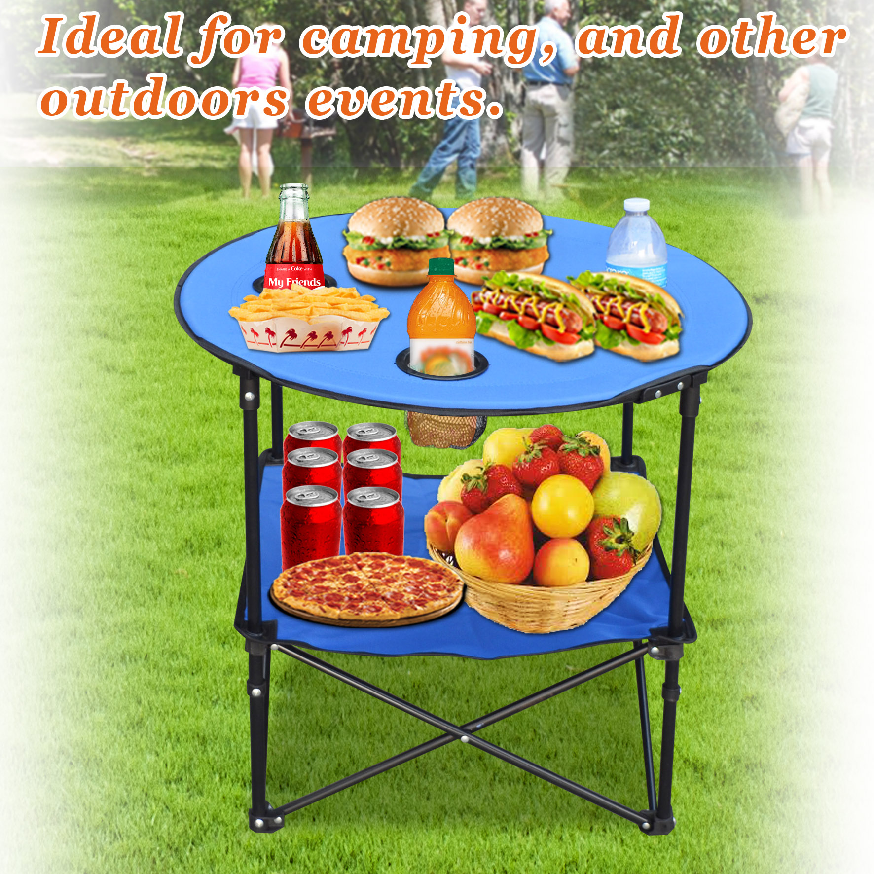 Strong Camel Folding Picnic Table Dia 27.5" Collapsible Round Table with 4 Cup Holders, Carry Case Included (with Shelf)