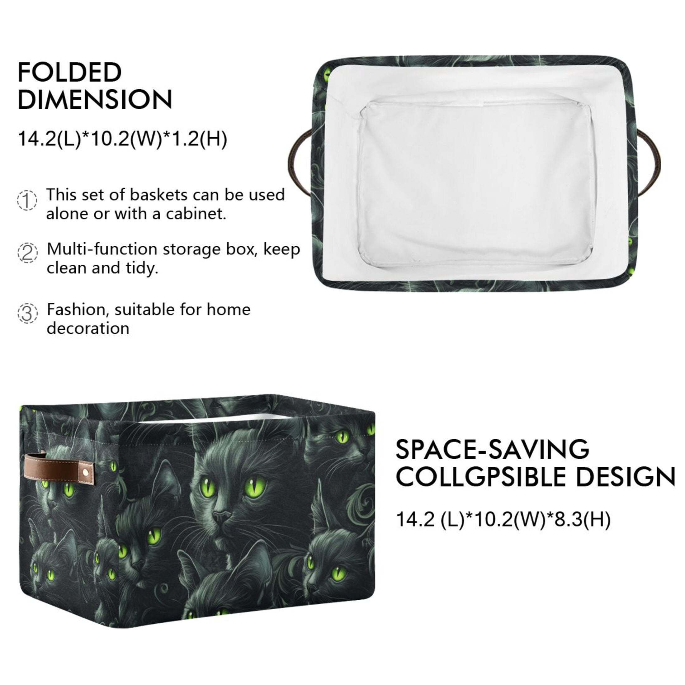 WOBOGO Dark Pattern with Black Cats Square Storage Basket with Waterproof Canvas and PE Lining Durable PU Leather Handles 14.2×10.2×8.3in