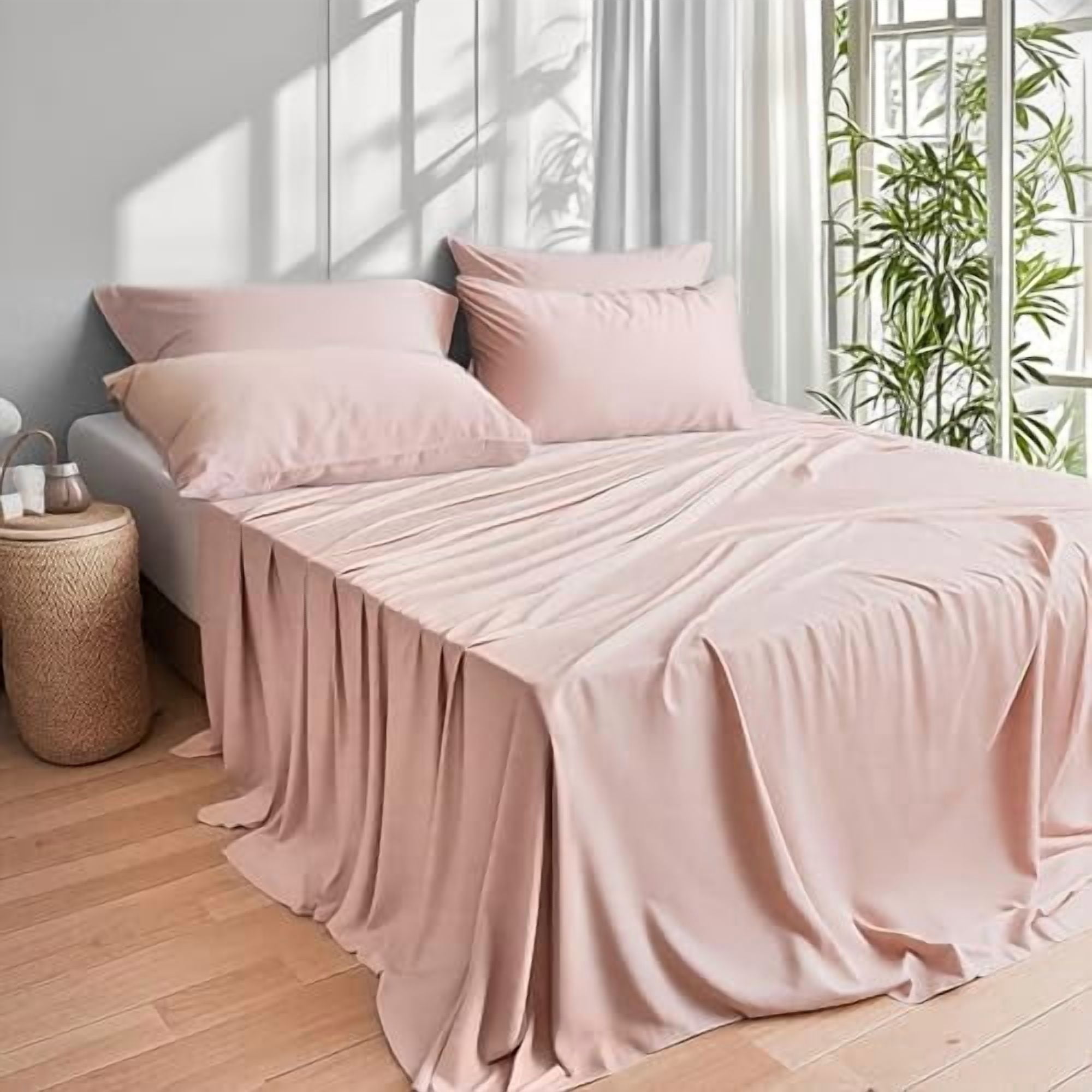 ClevaHome 4-Piece King Bamboo Bed Sheet Set, 100% Organic Cooling Fabric, 16" Deep Pocket, Pink