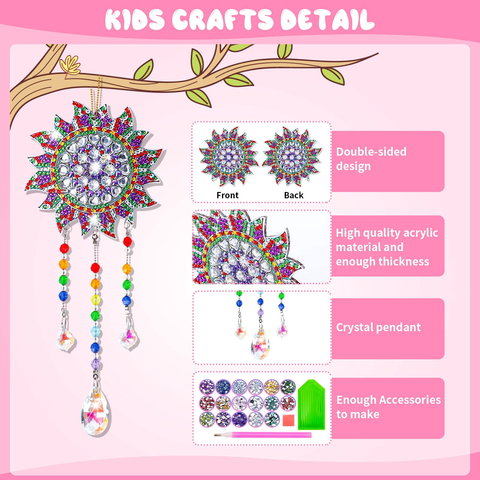 DIY Creative Diamond Painting Gift Kit for Girls Aged 6-12, 3Pcs Diamond Painting Suncatcher Wind Chimes Hanging Ornament for Garden Window and Balcony, Butterfly Sun Hummingbird