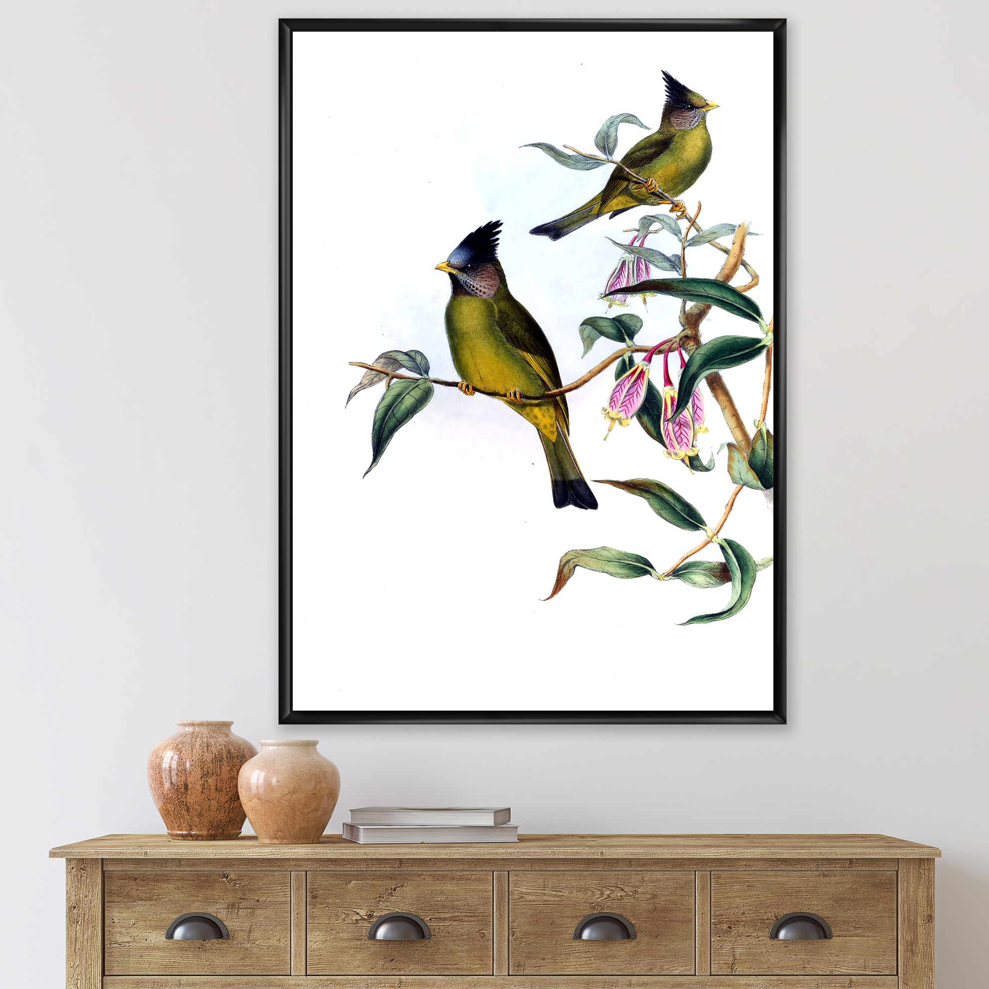 Designart 'Vintage Countryside Birds On Branch II' Farmhouse Framed Canvas Wall Art Print