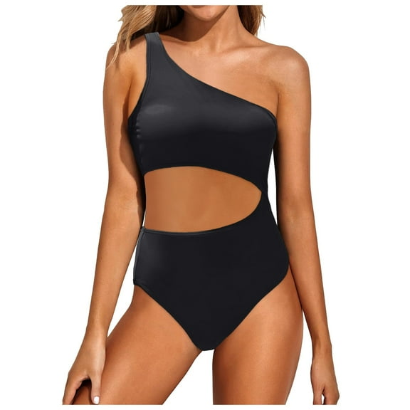 Zhden Women One Piece Swimsuit Slanted Shoulder Bathing Suit Cutout Tummy Control Swimwear(Black,L)