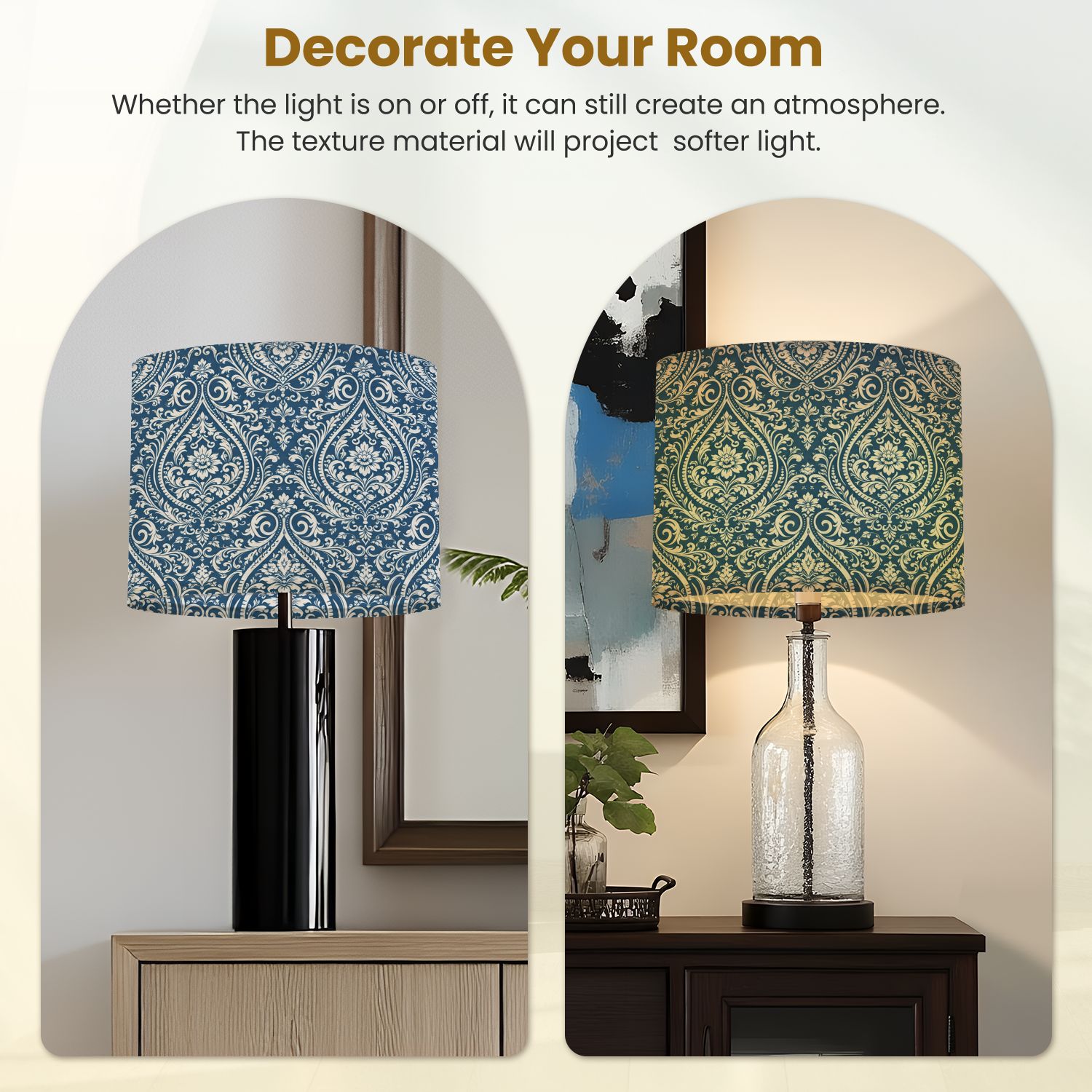 Set Of 2 Drum Medium Lampshades – 12-Inch Gold/Black Replacement Shades For Table, Floor, Wall & Pendant Lights, Harps Included, Easy Assembly