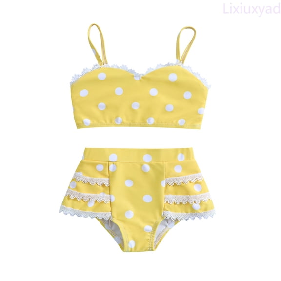 Lixiuxyad Summer Toddler Girls Lace Dot Prints Ruffles Two Piece Swimwear Swimsuit Bikini,2 Piece Swimsuit Sizes 2-3 Years Yellow