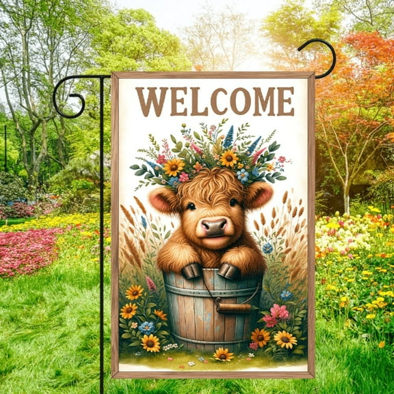 1 piece, Spring Double-sided Welcome Garden Flag - 2D flat cute calf and floral pattern design, courtyard sign, perfect for courtyard, lawn and outdoor decoration, garden decoration, party decoration