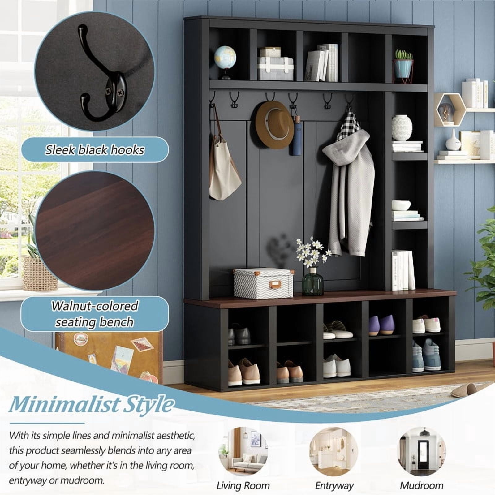Farmhouse 4-in-1 Entryway Hall Tree with 6 Hooks, Versatile Storage Bench with Open Cubbies, Entryway Coat Rack with Adjustable Shelves for Mudroom, Living Room