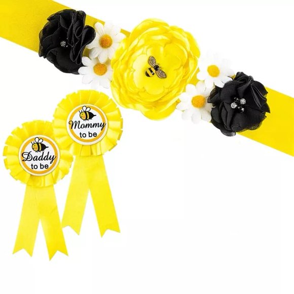 HAPPYLAND Decoraciones para baby shower para niña Faja amarilla e insignia de hojalata Faja de maternidad amarilla para mamá a abeja Insignia de hojalata y mamá a abeja Cinturón para baby shower de pa