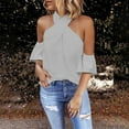 thumbnail image 2 of WEAIXIMIUNG Valentine's Day Women Casual Slim Back Zipper Solid Color Short Sleeve Patchwork Top, 2 of 4