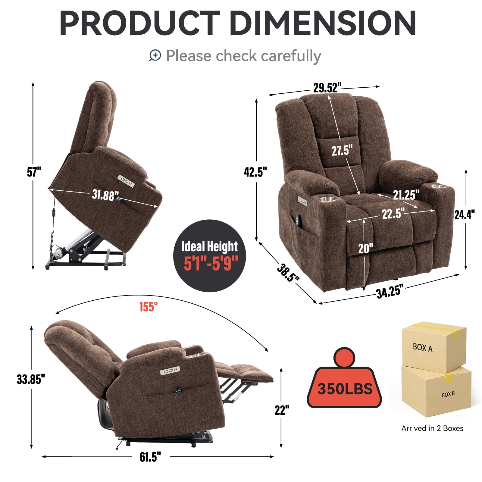 Power Lift Recliner Chair with Massage & Heat for Seniors, Overstuffed Sofa Chair Wide Seat, Heavy Duty Chenille Fabric, USB/Type C Ports, 2 Steel Cup Holders, 155° Recline,350lb Capacity