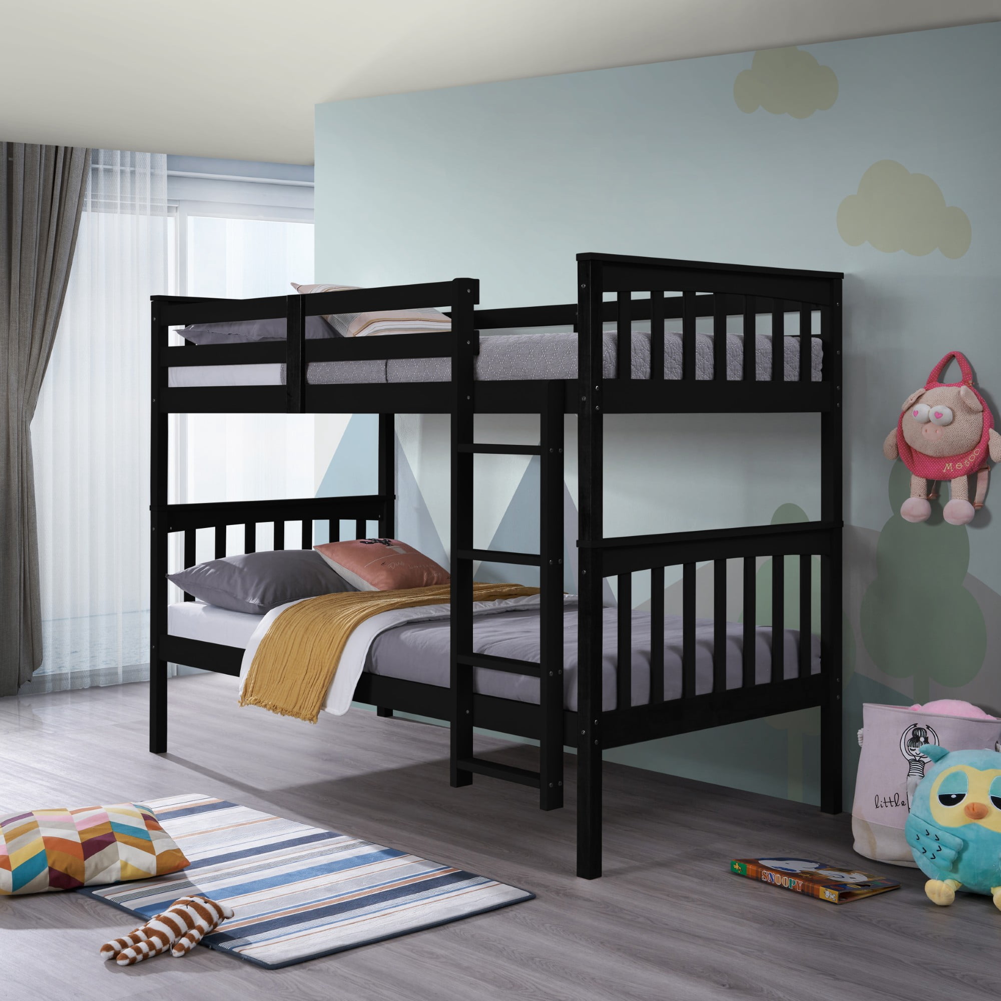 Home Design Ames Twin Over Twin Solid Wood Bunk Bed Frame, Convertible, Sturdy Guardrails, Black, Easy Assembly
