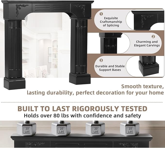 EPICOZY 43.3" Fireplace Mantel, Freestanding Fireplace Surround with Leg for Electric Fireplaces, MDF Mantel Surround with Shelf for Living Room with Decorative Pattern, Anti-Tipping & Waterproof