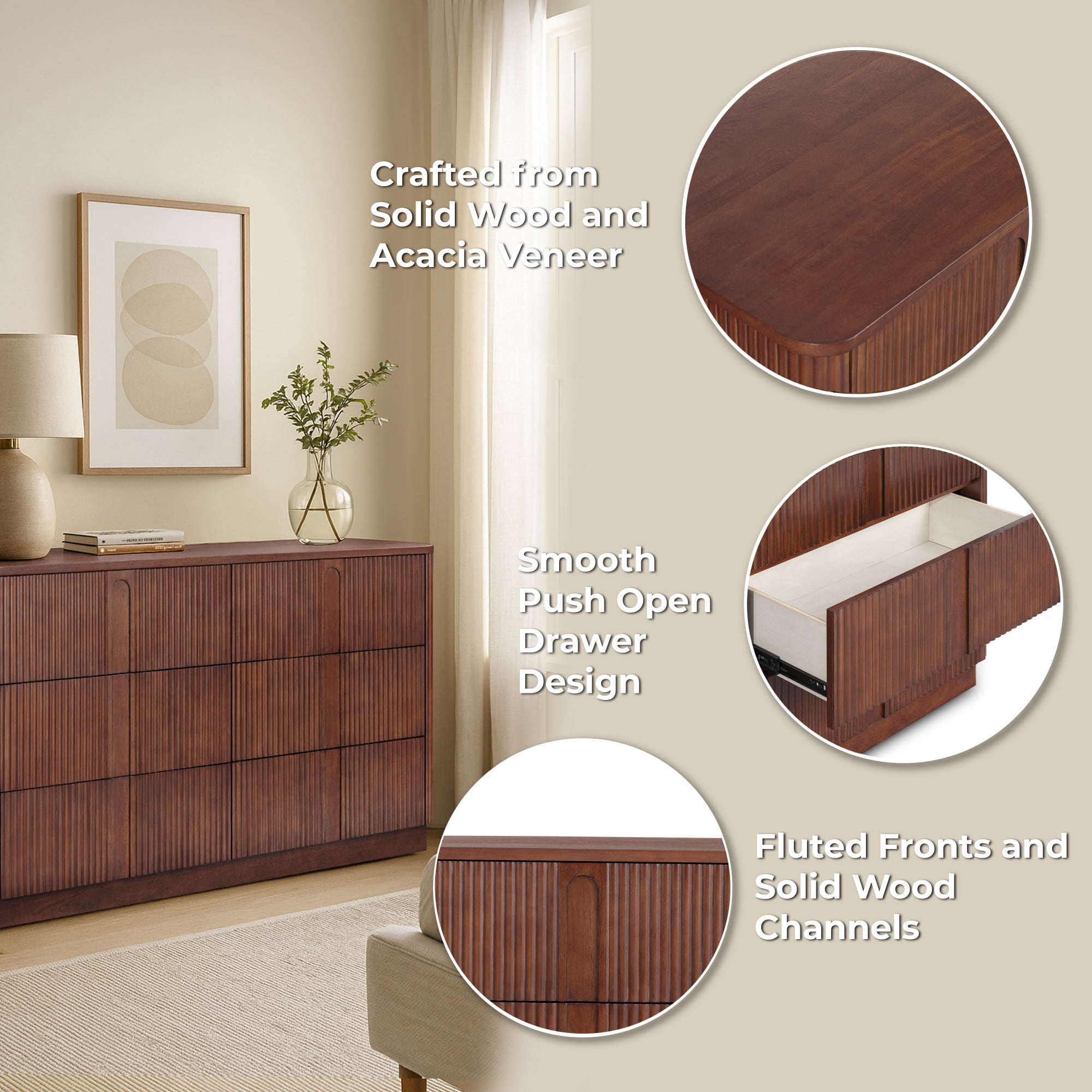 Teamson Home Potomac Modern Boho Solid Wood 6-Drawer Dresser with Deep Storage, Push-to-Open Design & Rounded Edges