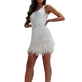 thumbnail image 4 of hirigin Women Fashion Wild Mini Dress Solid Color U-Neck Sleeveless Tank Dress Rhinestone Tassel Feather Party Dress, 4 of 7