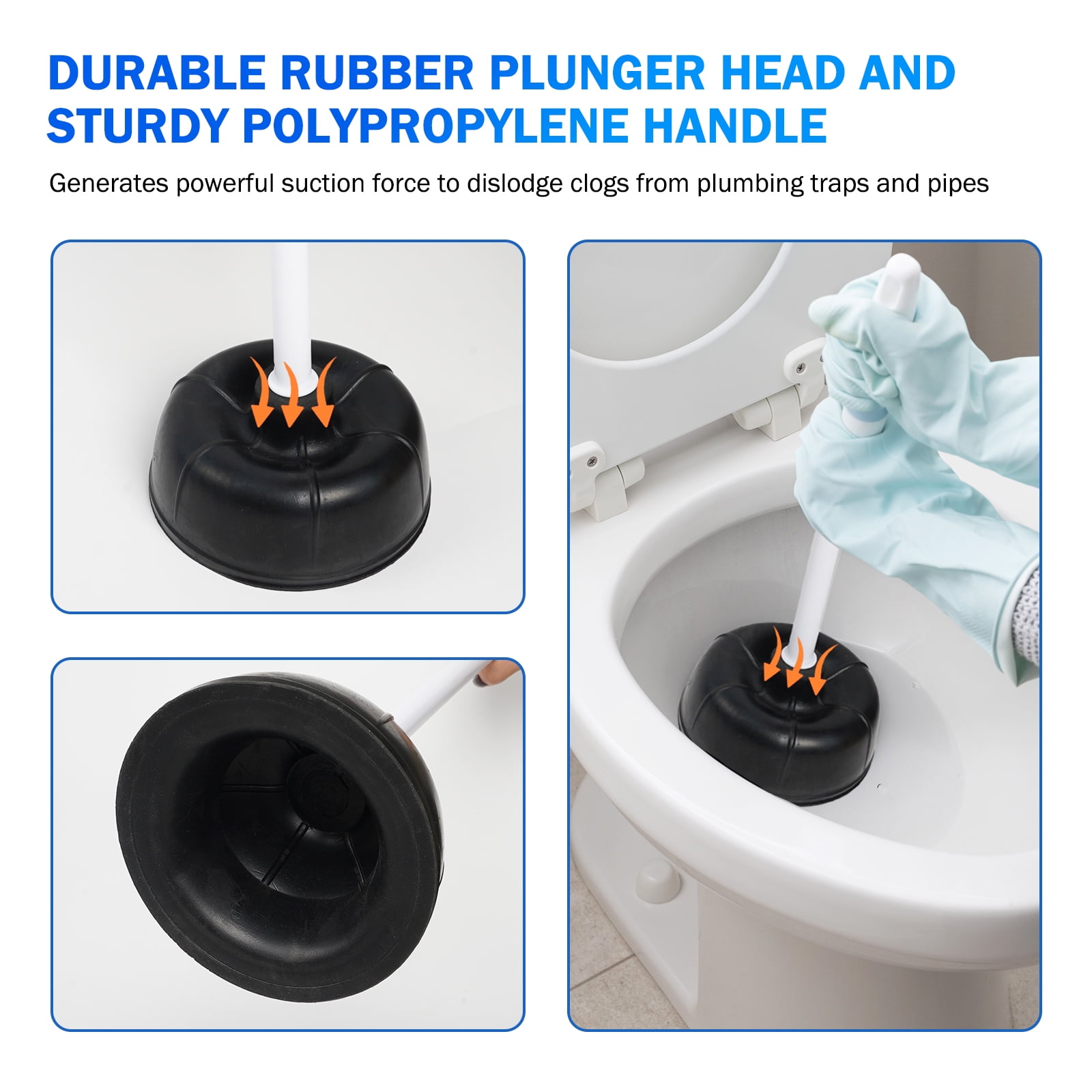 Koomade Toilet Plunger with Ergonomic Plastic Handle Pump Declogger Sink
