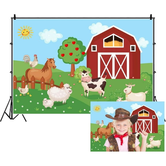 Farm Animals Theme Cute Backdrop Cartoon Red Barn Door Barnyard Farmland Cow Farm House Photography Background for Baby Shower Newborn Kids Birthday Party Decor Studio Booth Props
