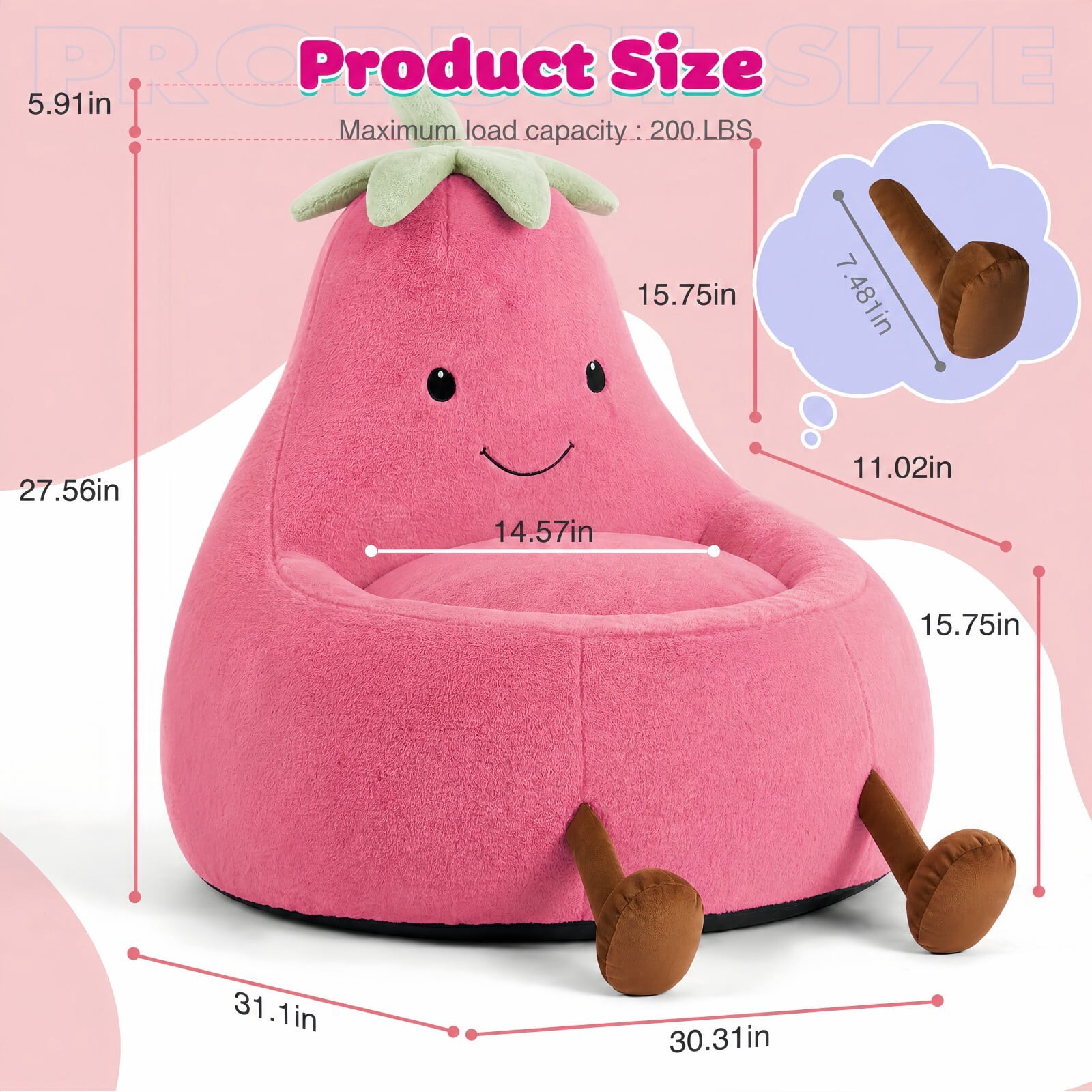 Kelno 31" Kids Bean Bag Chair Faux Rabbit Fur Lazy Chair Toddler Couch, Rose Red