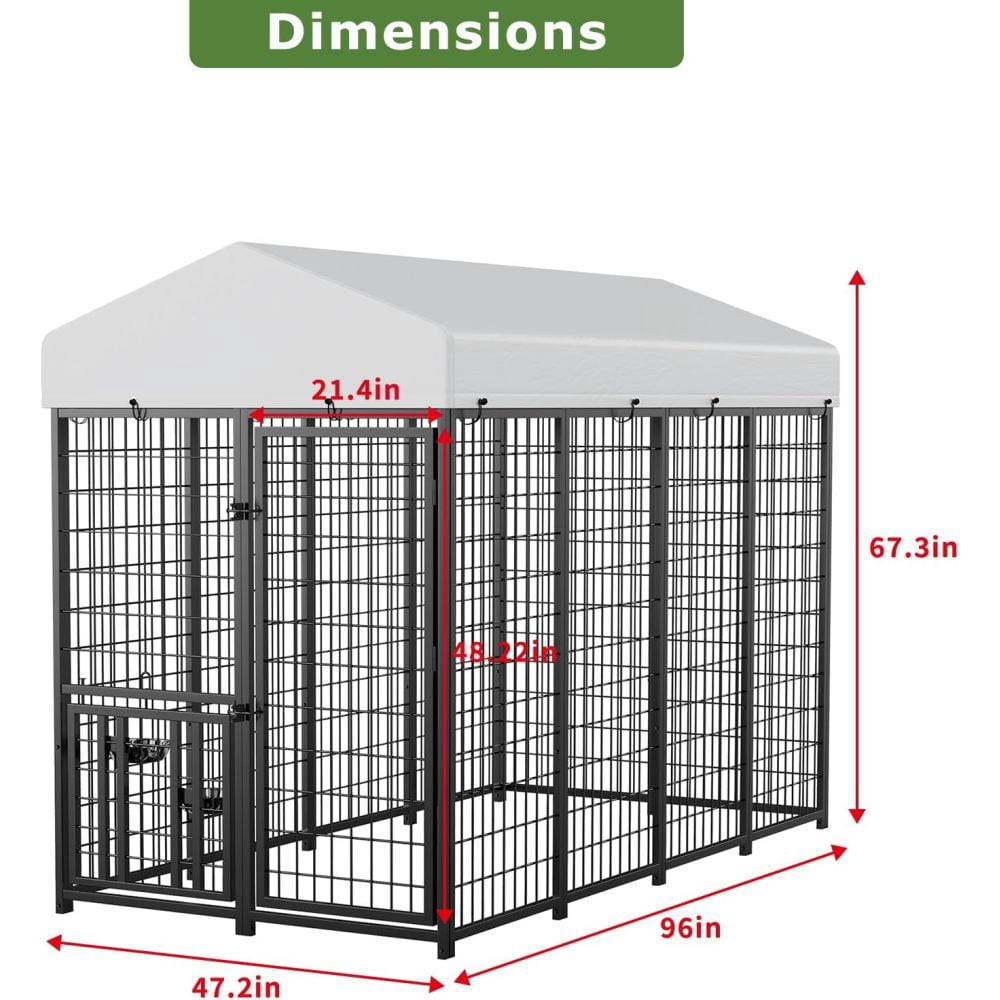 Large Outdoor Dog Kennel with Rotatable Feeder, Waterproof Roof & Raised Legs - Stainless Steel