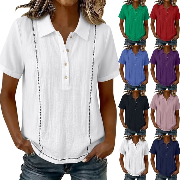 YanHoo Summer Shirts for Women Lapel Button Up Short Sleeve T-Shirts Loose Fit Pullover Tops Casual Solid Color Tee