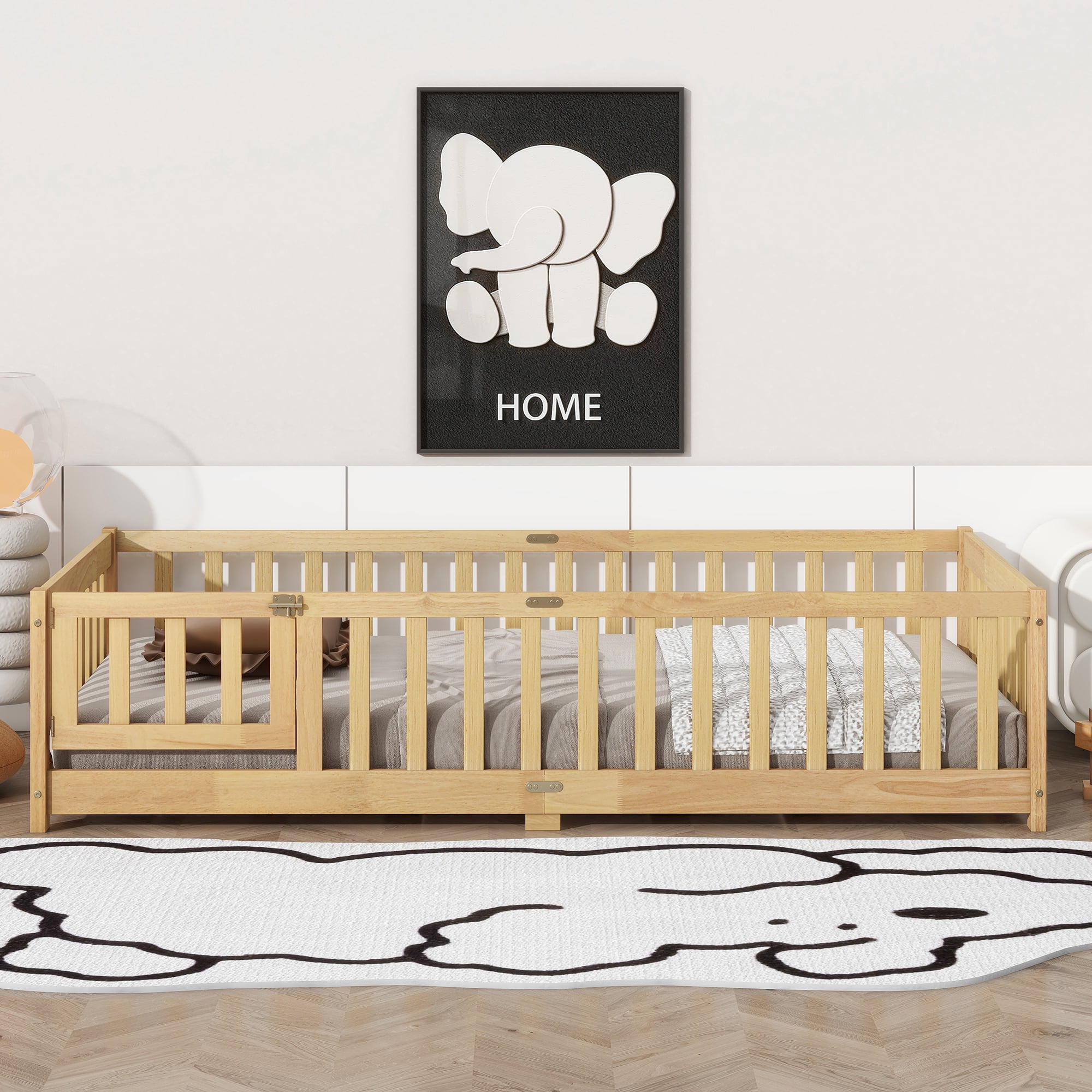 Twin Size Floor Bed with Door and Fence, UHOMEPRO Montessori Floor Bed with Slats and Safety Guardrails, Solid Wood Twin Bed Frame for Bedroom, Natural