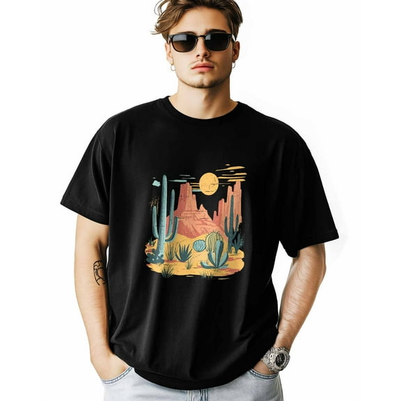 Men's T-Shirt Cartoon Desert Mountain Cactus Short Sleeve Casual Tee Classic Crew Neck T-Shirt for Men, M