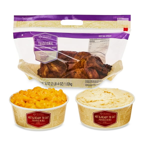 Freshness Guaranteed Hot and Ready-to-Eat Traditional Rotisserie Chicken Meal Bundle with Large Macaroni and Cheese and Large Mashed Potatoes