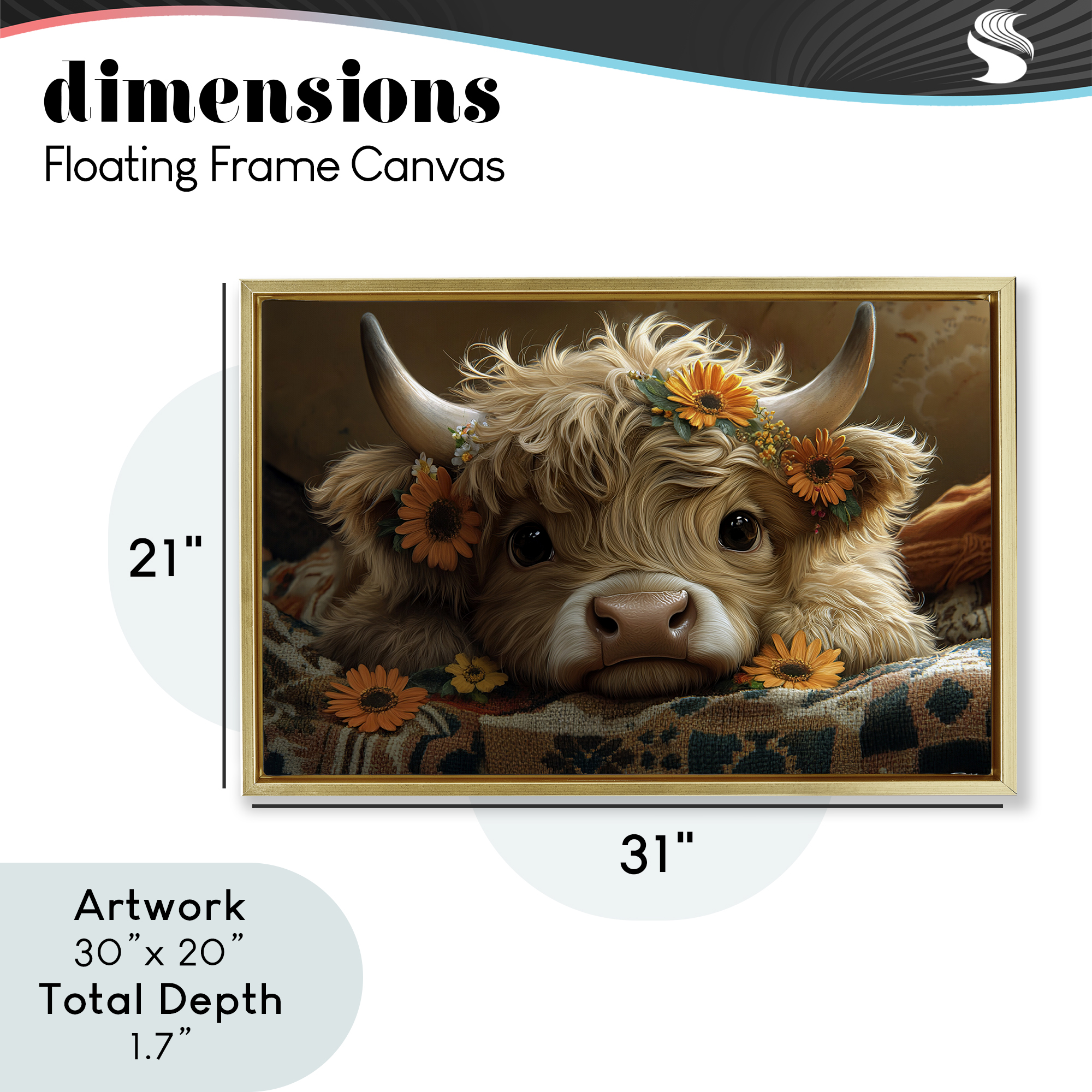 Adorable Flower Bedecked Cattle Gold Framed Floater Canvas Wall Art, design by Momart