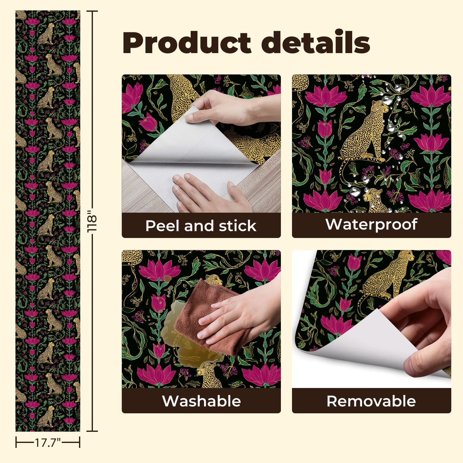 Cheetah Peel and Stick Wallpaper 17.7in x 9.8ft Golden Cheetah Lotus Floral Black Contact Paper Vinyl Waterproof Self Adhesive Wall Paper for Bedroom Shelf Cabinet Renter Friendly
