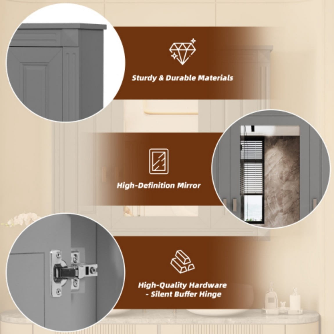 Bathroom Wall Cabinet with Mirror, Wall Mounted Medicine Cabinet with 5 Shelves, Over Toilet Storage Cabinet with Adjustable Shelves, Mirrored Door Bathroom Cabinet, Gray