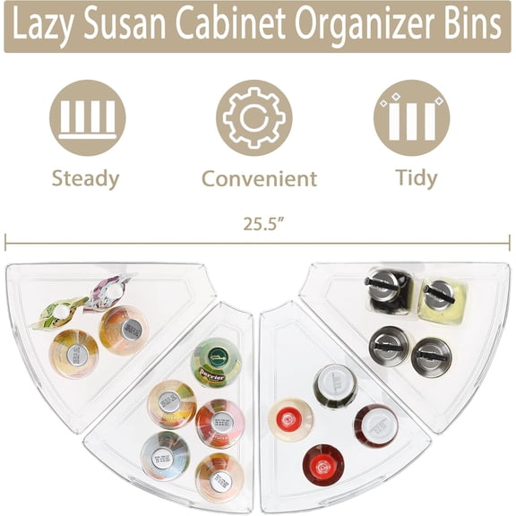 JUNCHI-Lazy Susan Organizer Bins, Corner Cabinet Organizer, Plastic Corner Kitchen Cabinet Storage Bins Clear Transparent Lazy Susan Bins with Handle, 1/8 Wedge-4" Deep Container, BPA Free, 4 Pack